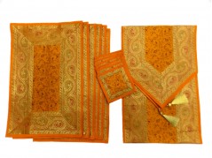 Indian Silk Table Runner with 6 Placemats & 6 Coaster in Orange Color Size 16x62